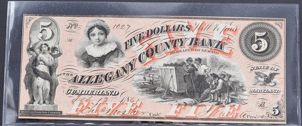 $5 Allegany County Bank Cumberland, Maryland Choice Uncirculated