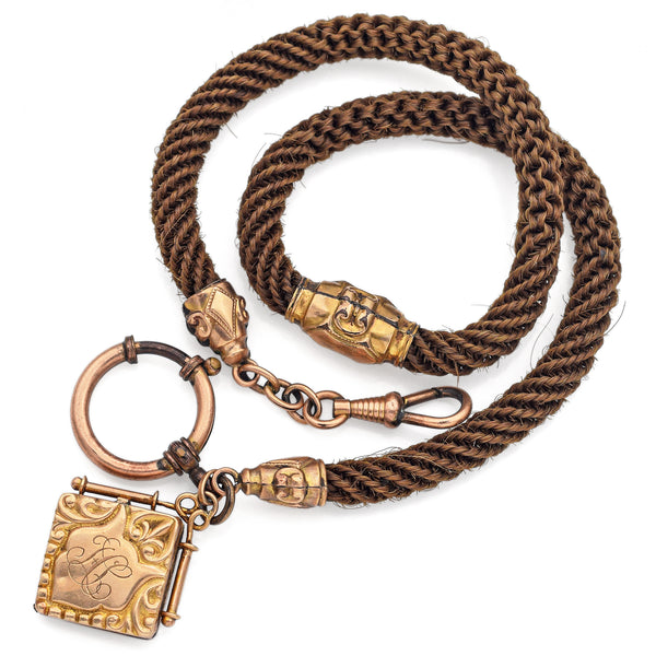 Antique Victorian GF Human Hair Pocket Pocket Watch Chain with 14K Gold Locket