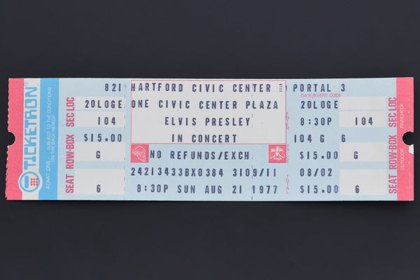 Elvis Presley Unused Complete Concert Ticket Hartford Ct Aug 21, 1977