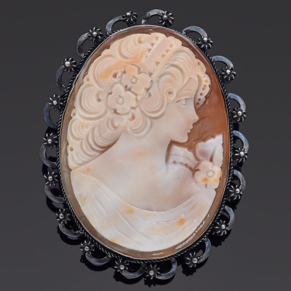 M Bonicle Signed 800 Silver Cameo Shell Brooch Pin Pendant