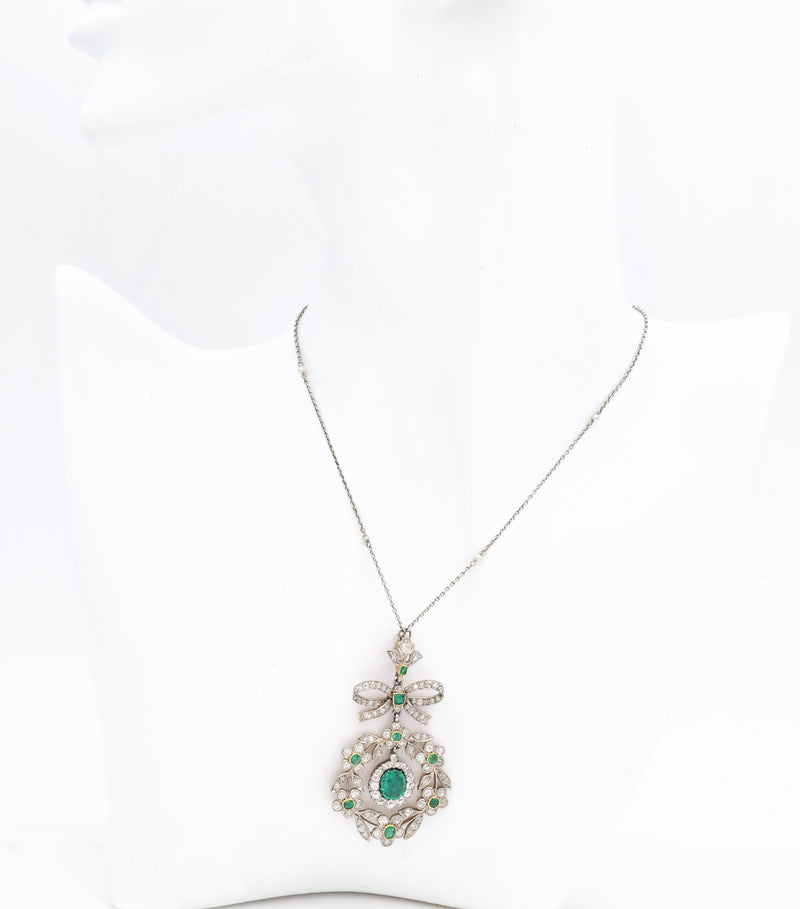 Antique Platinum and Yellow Gold 0.80ct Center Emerald Diamond Pendant Necklace