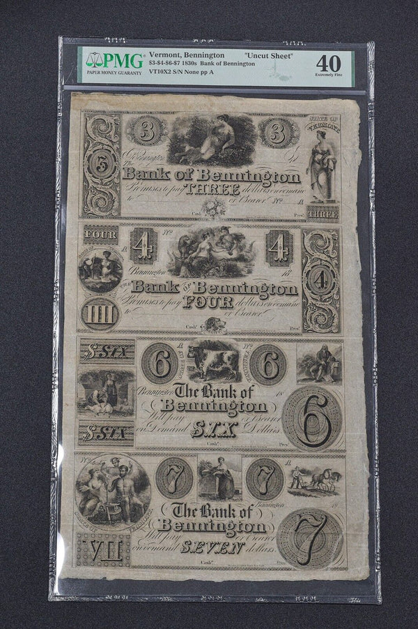 Bank of Bennington Vermont Obsolete Currency UnCut Sheet $3 $4 $6 $7 PMG F-40