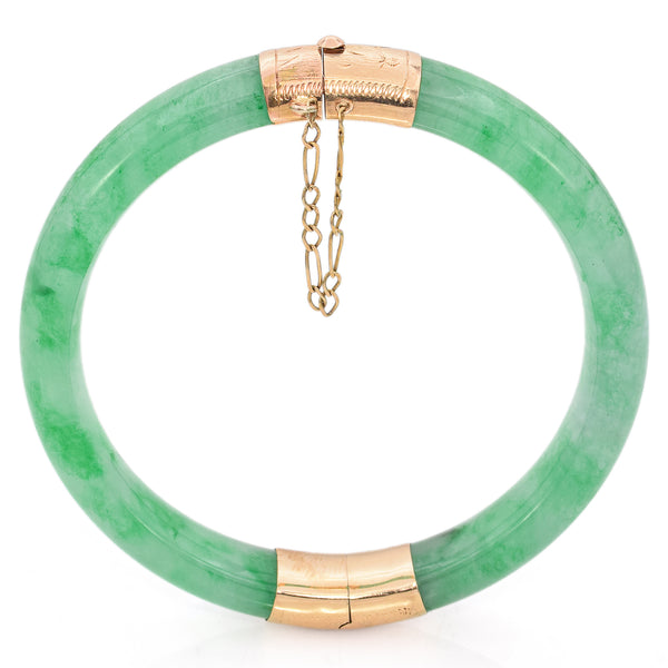 Vintage 18K Yellow Gold Green Jade Hinged Bangle Bracelet