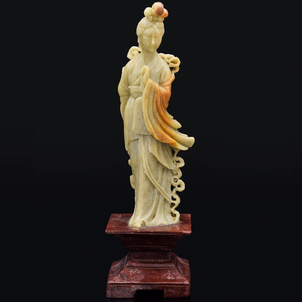 Antique Green Red Soapstone Carved Kwan Yin Figurine