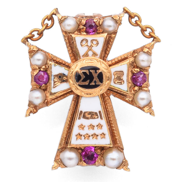 Vintage 18k Yellow Gold Ruby & Pearl Enamel Sigma Chi Fraternity Cross Pin