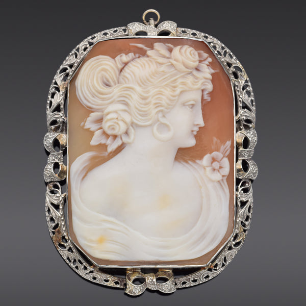 Antique 14K White Gold Cameo Shell Brooch Pin Pendant