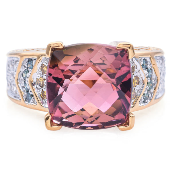 Estate 18K Yellow Gold 6.48ct Pink Tourmaline & Multi-Color Diamond Cushion Ring