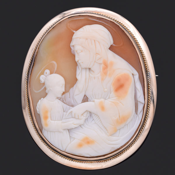Antique 14K Yellow Gold Cameo Shell Brooch Pin Pendant 55.85 x 47.15 mm