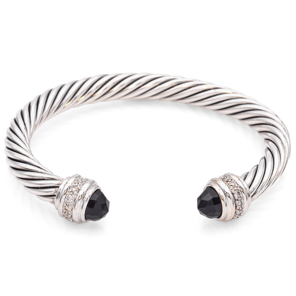 David Yurman Sterling Silver & 18K Gold Black Onyx & Diamond Cable Cuff Bracelet