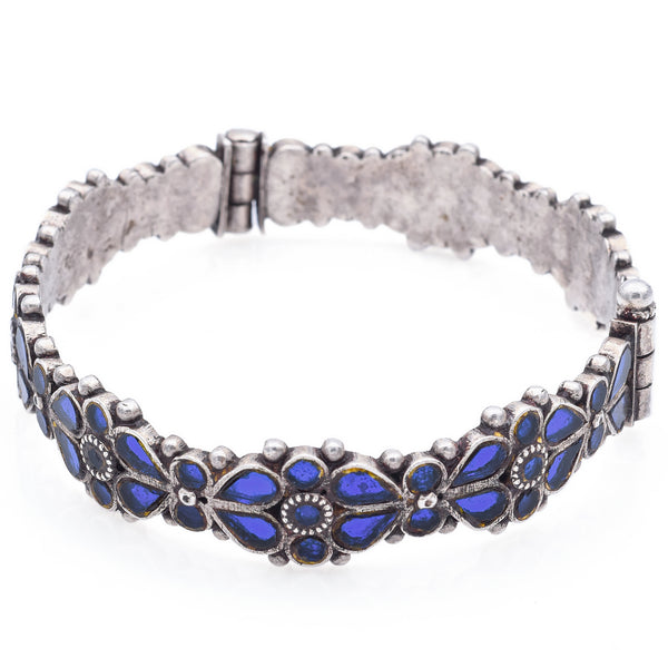 Vintage Silver Blue Glass Floral Hinged Bangle Bracelet