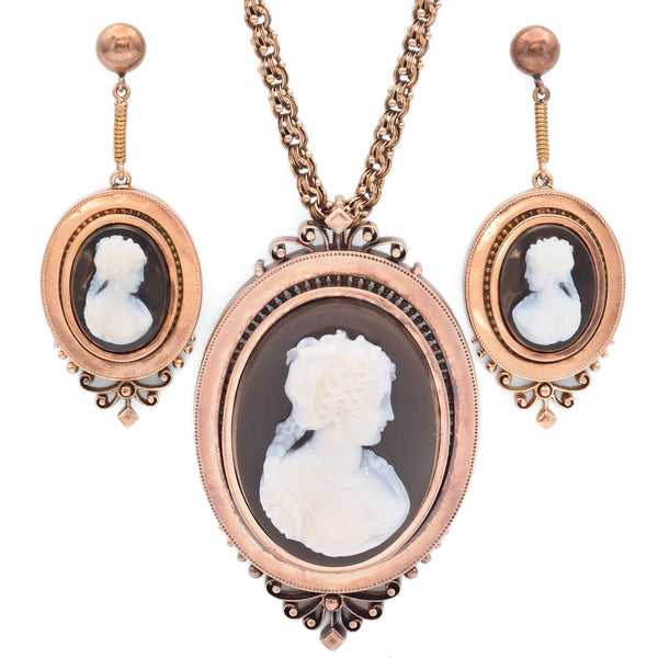 Antique 18K, 16K, 10K Rose Gold Agate Cameo Brooch Pendant Necklace & Earrings Set