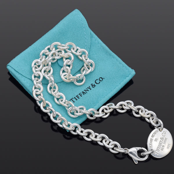 Tiffany & Co. Sterling Silver Return to Tiffany Oval Tag Necklace 15.5" +Pouch
