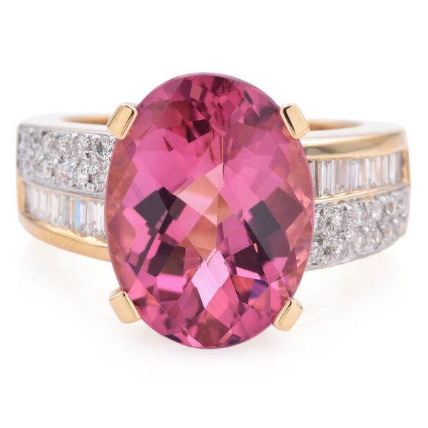 Estate 14K Yellow Gold 8.78Ct Pink Tourmaline & Diamond Oval Band Ring Size 8.25