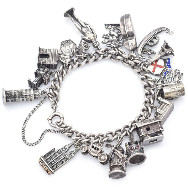 Vintage Sterling Silver Windmill Shoe Cross Crown Tower18 Charms Bracelet