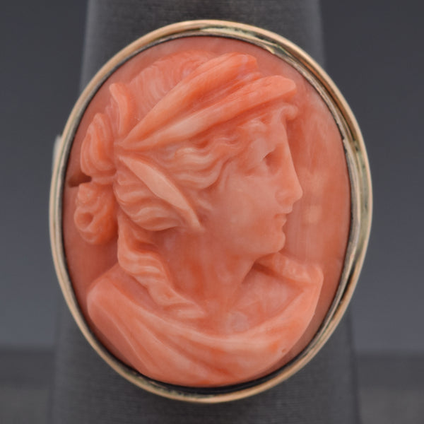 Antique 14K Yellow Gold Red Coral Cameo Cocktail Ring Size 7.5