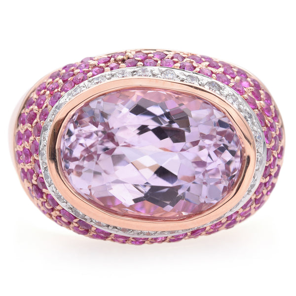 Estate 14K Rose Gold 7.4 Ct Kunzite, Pink Sapphire & Diamonds Oval Band Ring