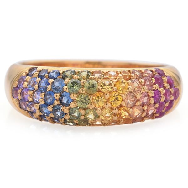 Estate 18K Yellow Gold Rainbow Sapphire Band Ring Size 8