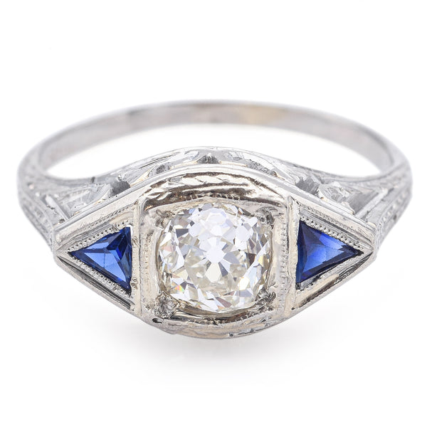 Belais Antique Art Deco 18K White Gold Lab Sapphire & 0.50ct Diamond Band Ring