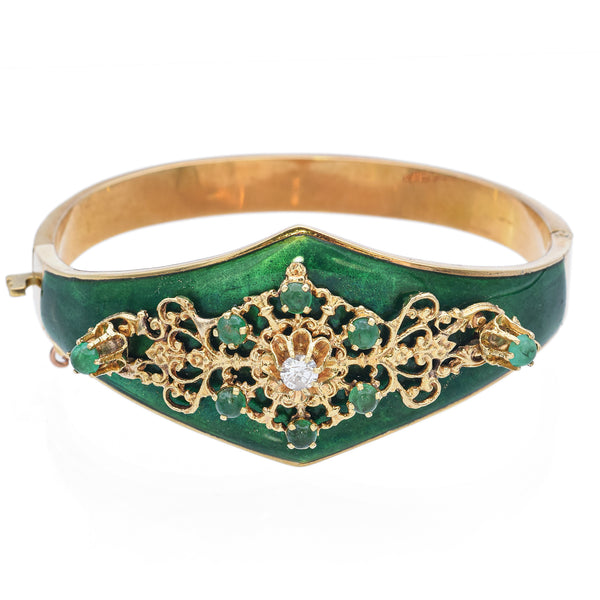 Vintage Yellow Gold Emerald & Diamond Green Enamel Hinged Bangle Bracelet