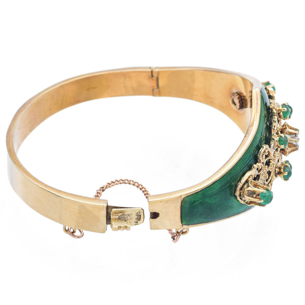 Vintage Yellow Gold Emerald & Diamond Green Enamel Hinged Bangle Bracelet
