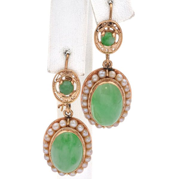 Vintage 14K Yellow Gold Green Jade & Pearl Oval Dangle Earrings