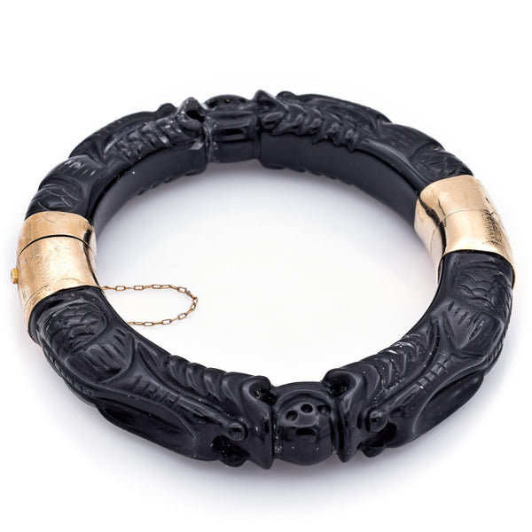Vintage 14K Yellow Gold Black Onyx Hinged Pixiu Carved Bangle Bracelet