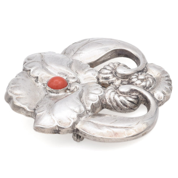 Georg Jensen Denmark Sterling Silver Red Coral Floral Brooch Pin #97