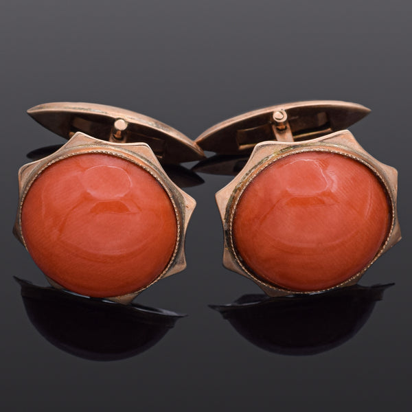 Vintage 18K Yellow Gold Red Coral Round Cabochon Cufflinks 17 mm