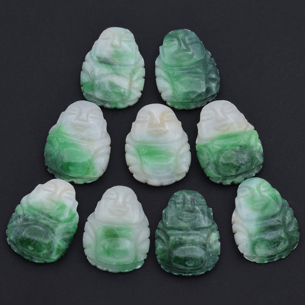 Lot of 9 Vintage Green & White Jade Carved Buddha Loose Stones