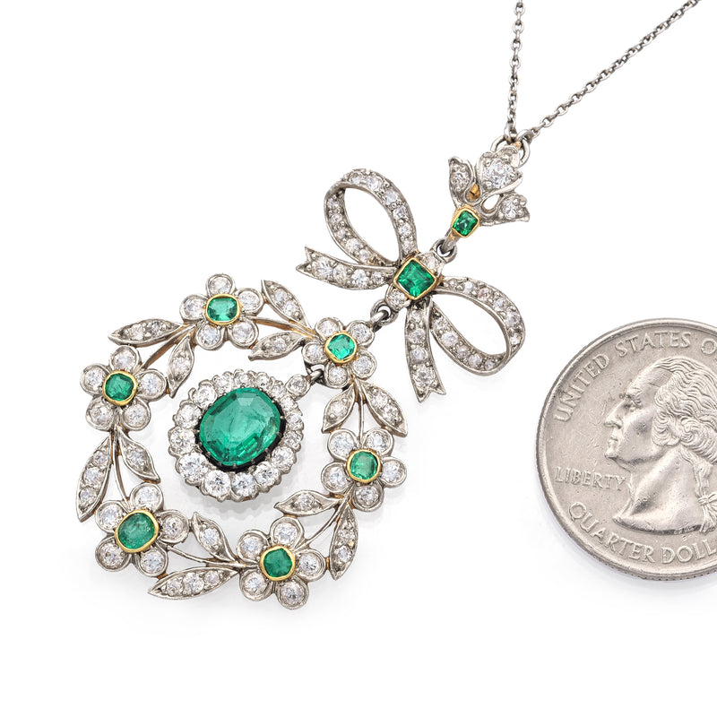 Antique Platinum and Yellow Gold 0.80ct Center Emerald Diamond Pendant Necklace