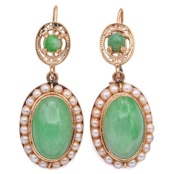 Vintage 14K Yellow Gold Green Jade & Pearl Oval Dangle Earrings