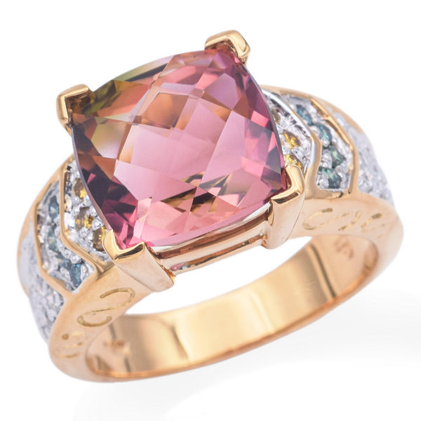Estate 18K Yellow Gold 6.48ct Pink Tourmaline & Multi-Color Diamond Cushion Ring