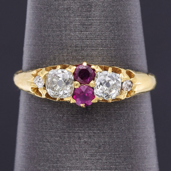 Antique 18K Yellow Gold Ruby & 0.59 TCW Old Mine Cut Diamond Band Ring