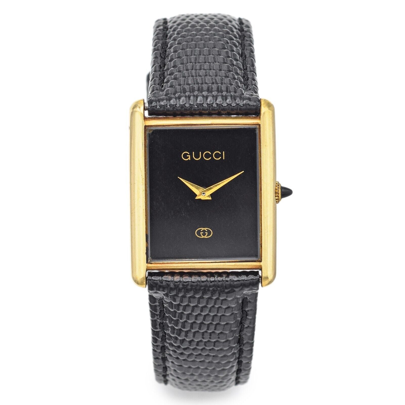 Gucci mens 18kt gold watch with black leather band Clearance