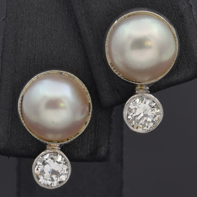 Vintage 14K White Gold Sea Pearl & 0.44 TCW Old Euro Diamond Screw Back Earrings