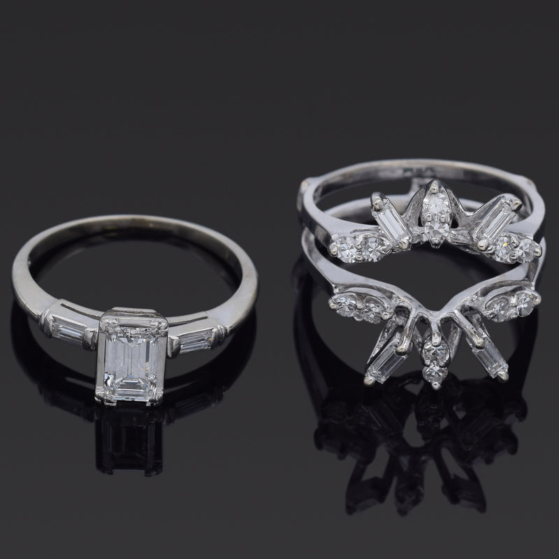 Estate 1.12 TCW Diamond 18K Gold Ring & 14K Gold Enhancer Guard Set