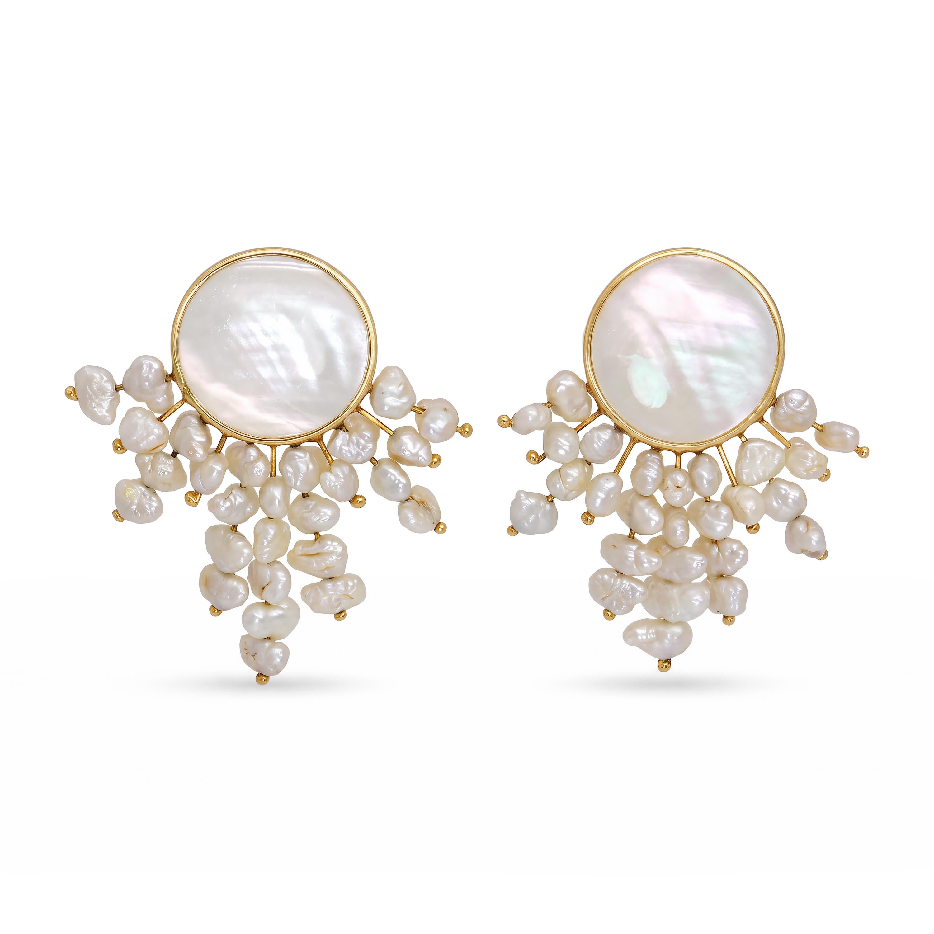 Vintage 14k Yellow Gold Mother of Pearl and Pearl Fringe Statement Earrings