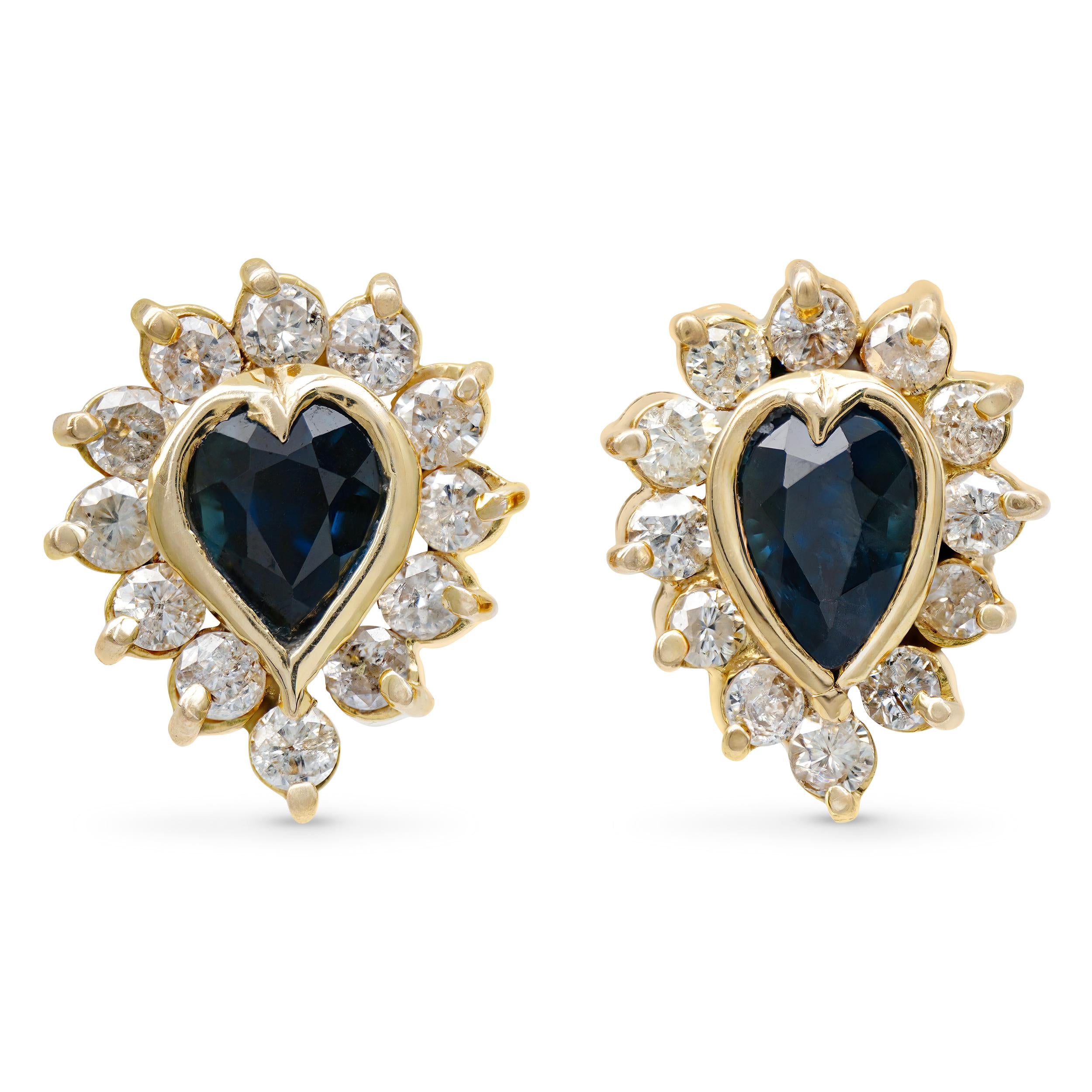 Vintage 12k Yellow Gold Sapphire & Diamond Halo Stud Earrings