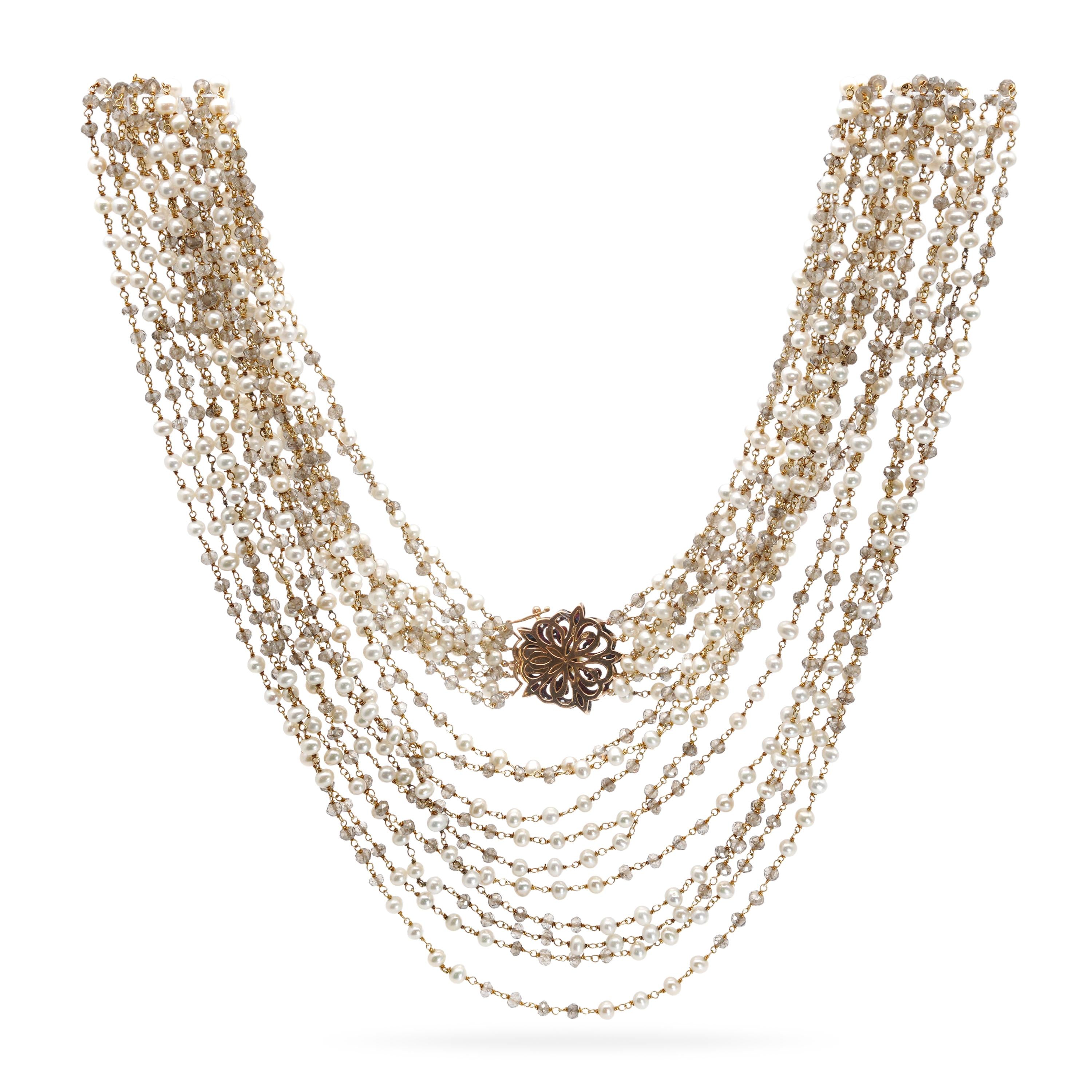 Vintage 14k Rose Gold Rose Cut Diamond Smoky Quartz & Pearl Multistrand Necklace