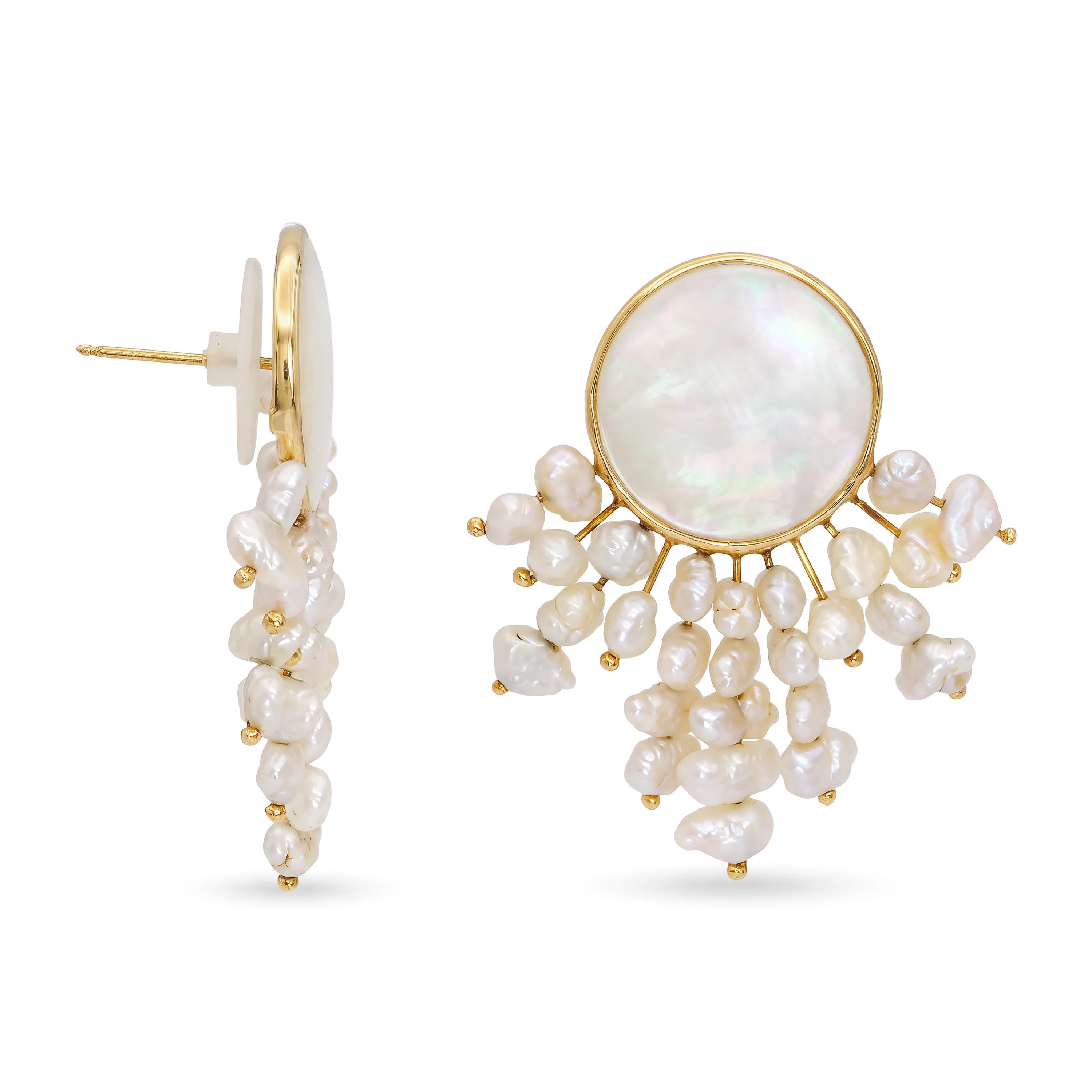 Vintage 14k Yellow Gold Mother of Pearl and Pearl Fringe Statement Earrings
