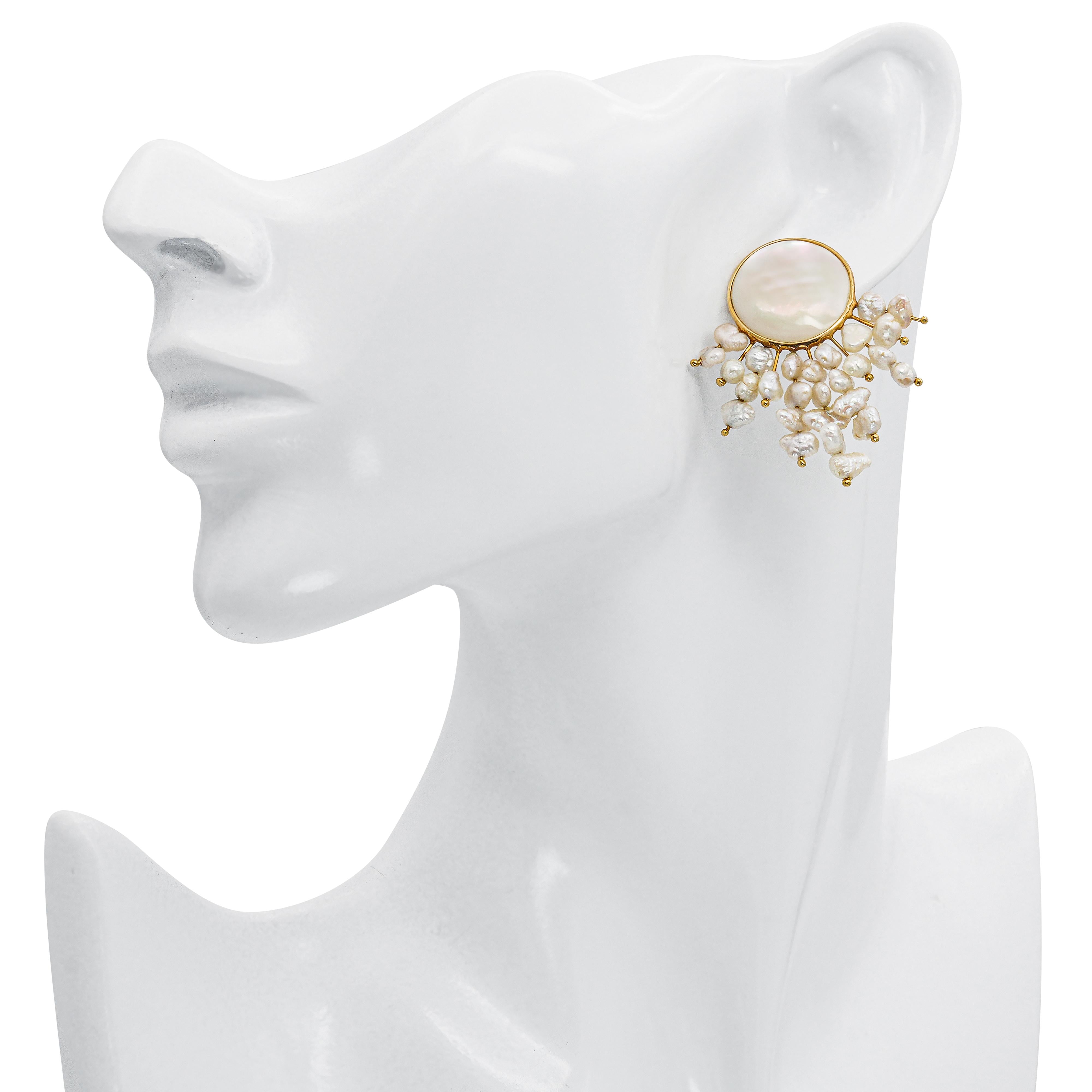 Vintage 14k Yellow Gold Mother of Pearl and Pearl Fringe Statement Earrings