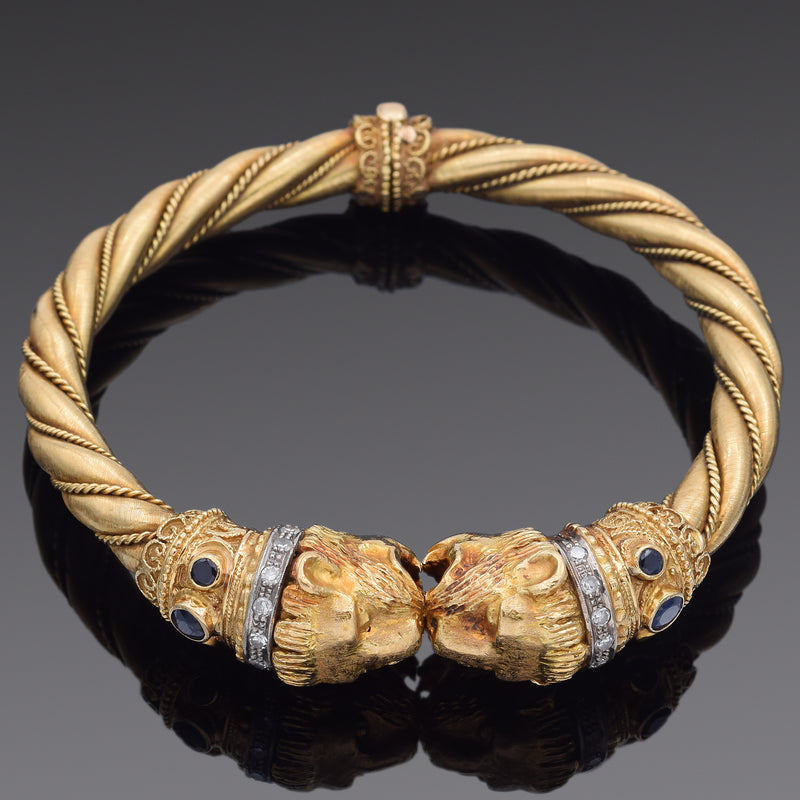 Vintage 18K Yellow Gold 0.51 TCW Diamond & Sapphire Lion Bangle Bracelet