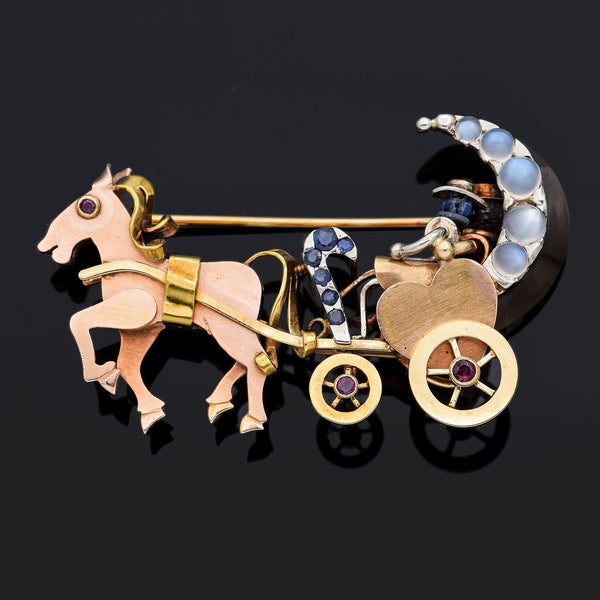 Vintage 1940s 14K Yellow Gold Multi-Stone Heart Moon Horse Carriage Brooch Pin