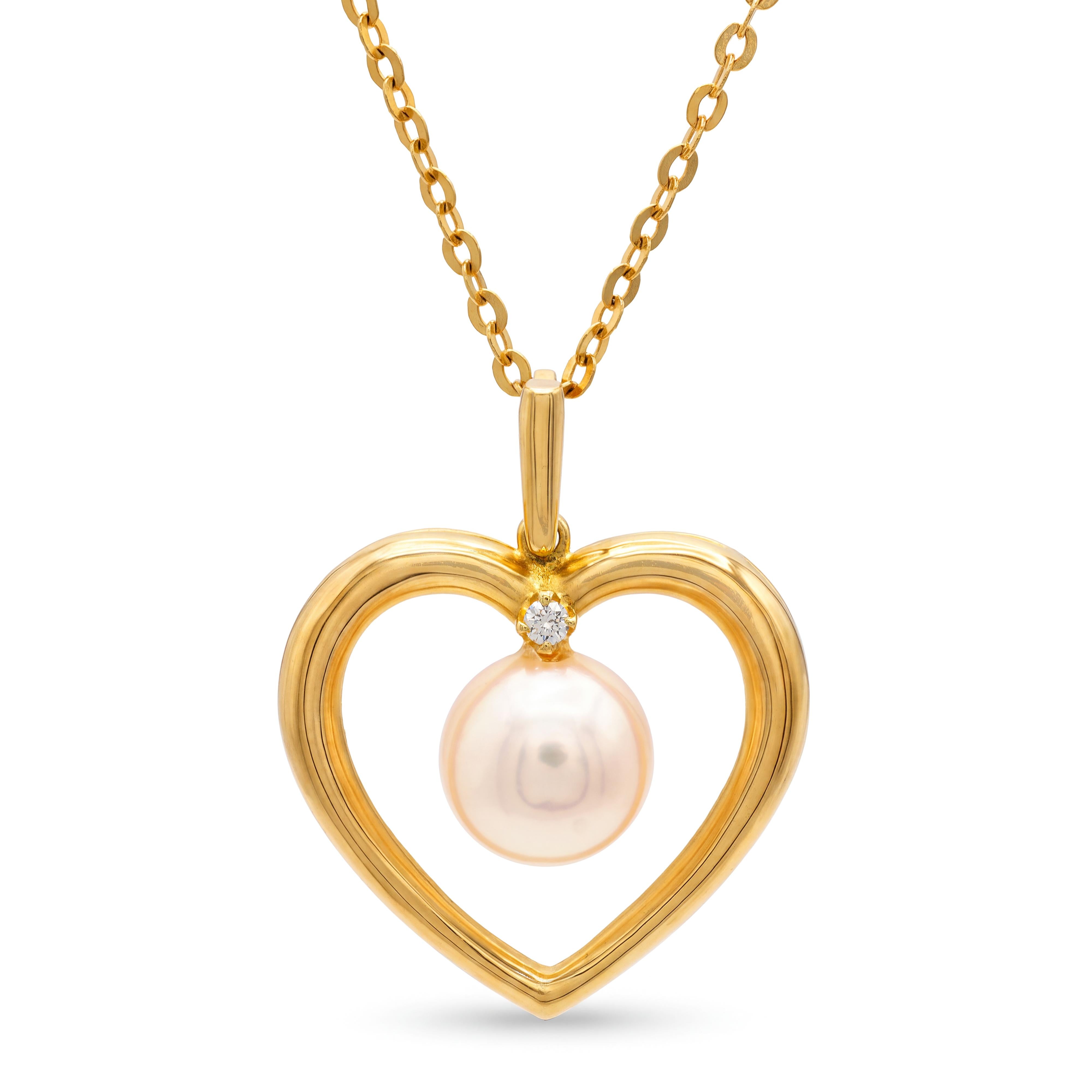Mikimoto 18k Yellow Gold Cultured Pearl and Diamond Heart Necklace