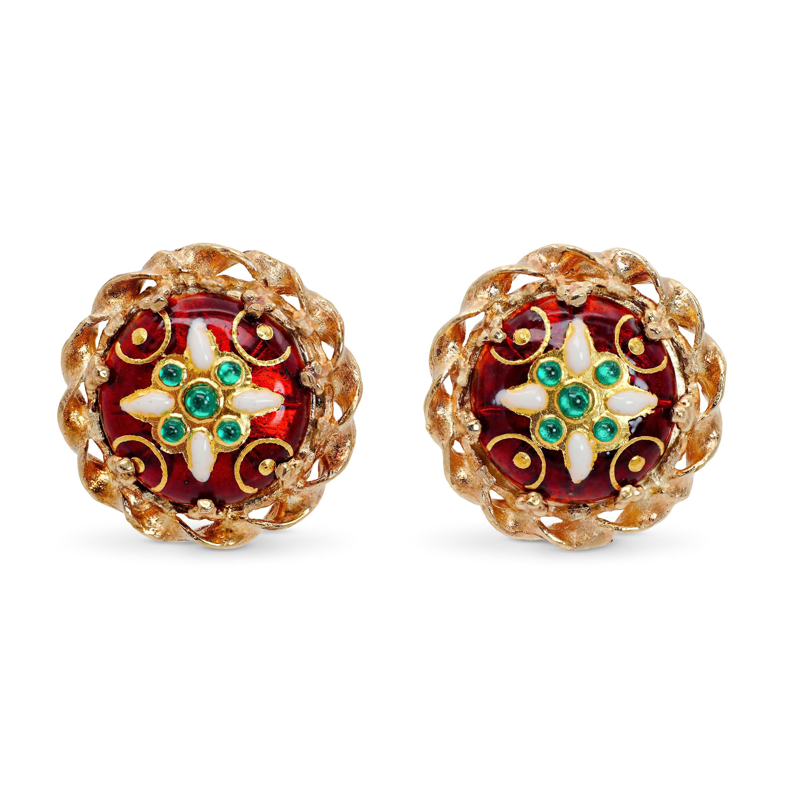 Vintage 14k Yellow Gold Enamel Painted Stud Earrings