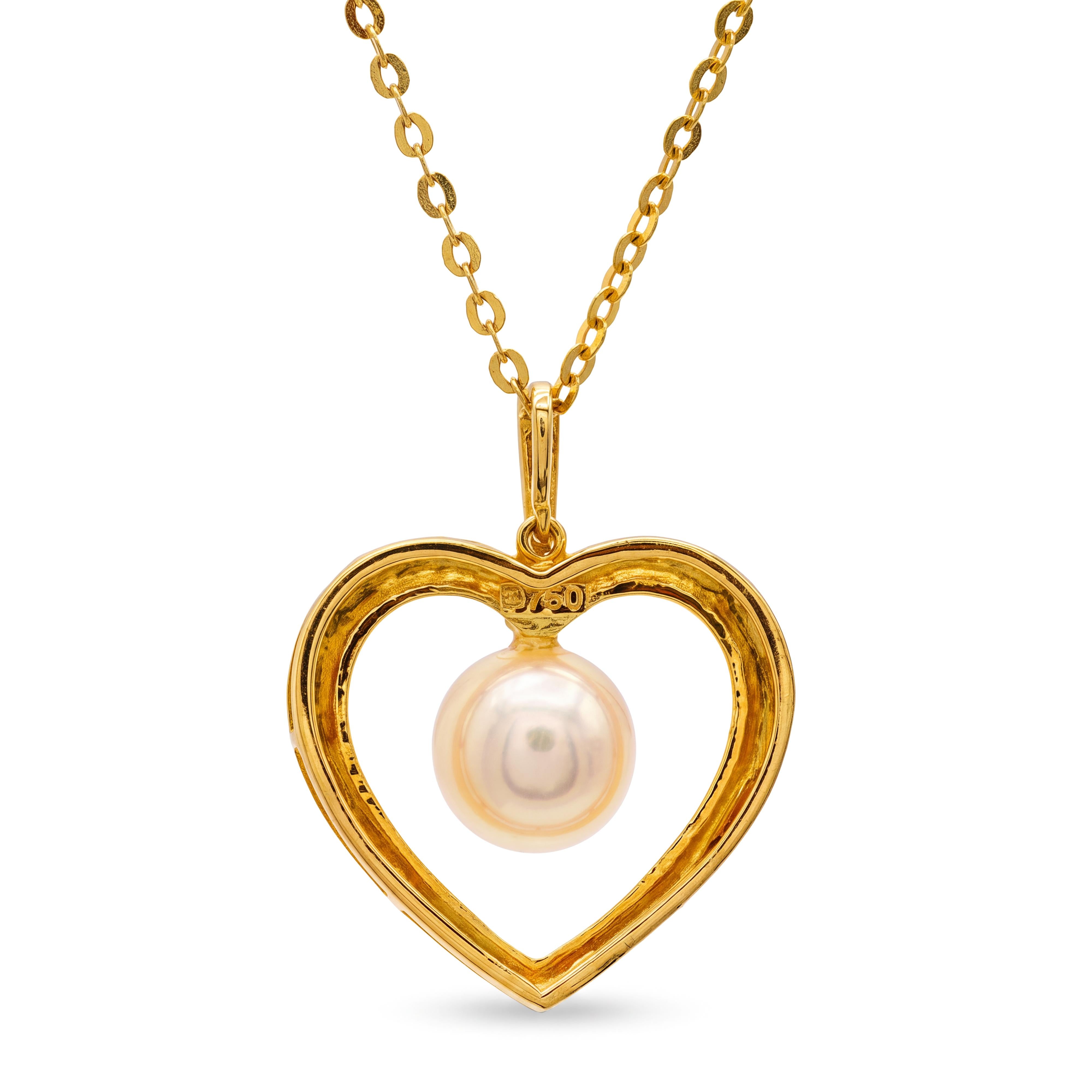 Mikimoto 18k Yellow Gold Cultured Pearl and Diamond Heart Necklace