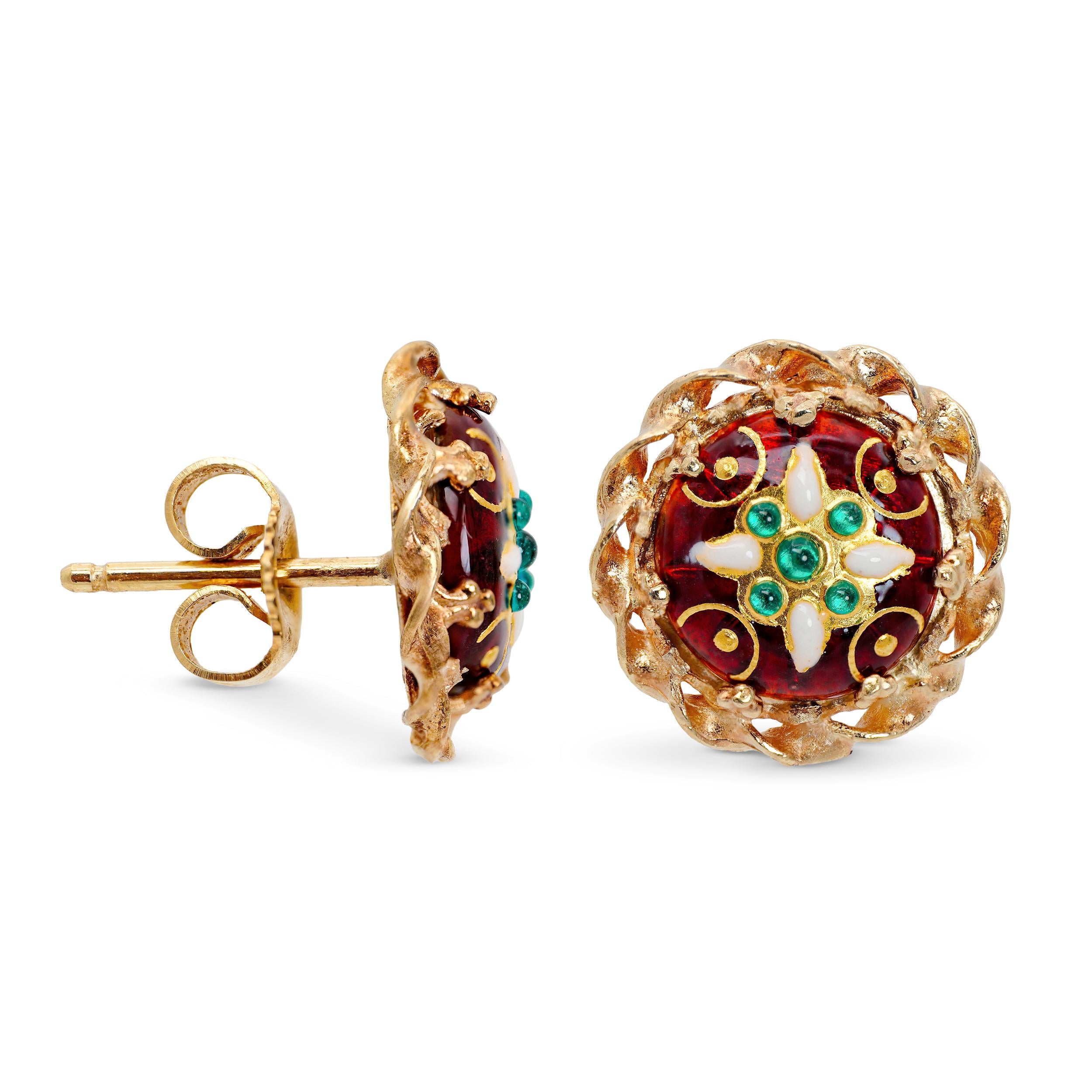 Vintage 14k Yellow Gold Enamel Painted Stud Earrings