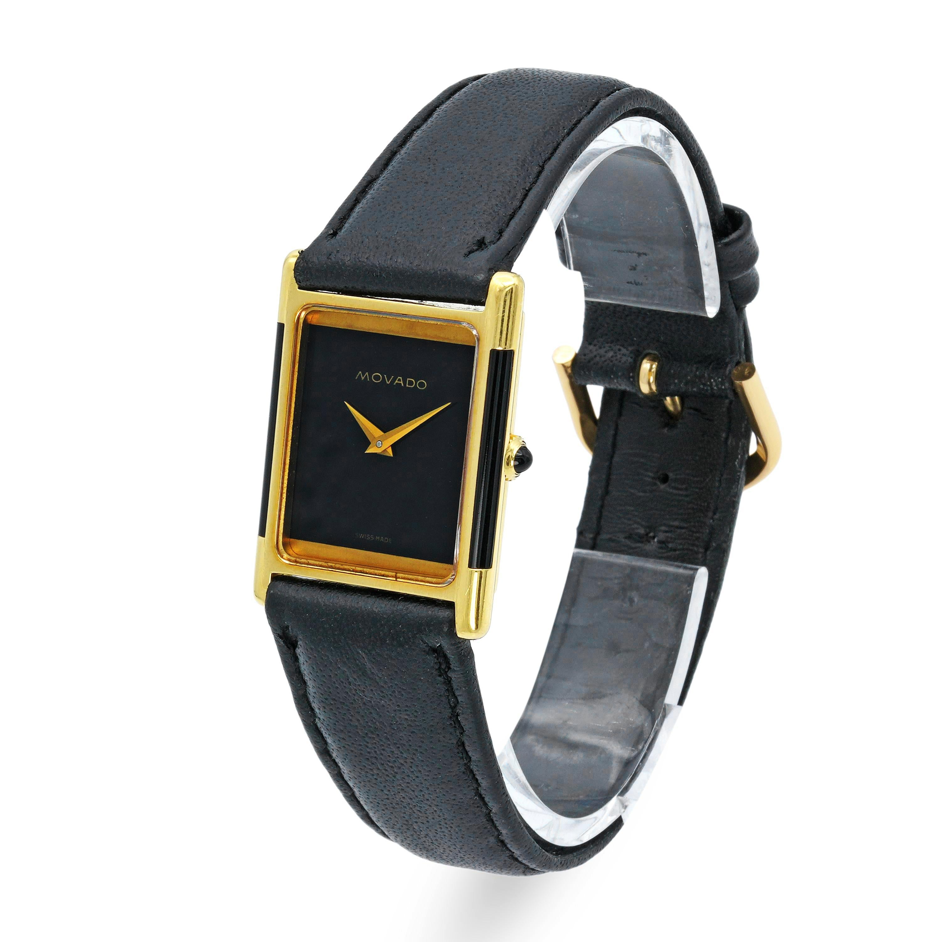 Vintage 1980s Movado 18k Yellow Gold Onyx Dial Tank Men's Watch