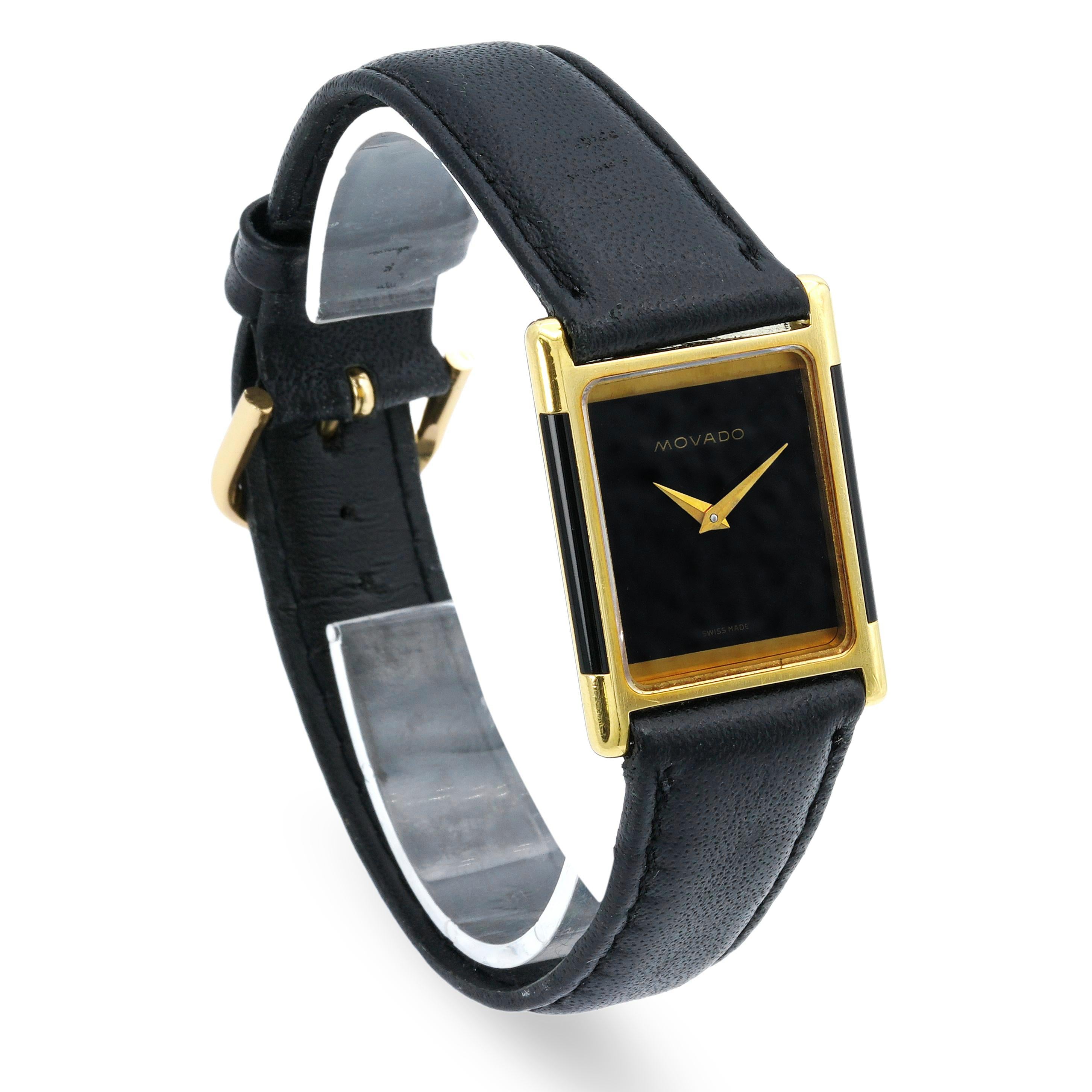Vintage 1980s Movado 18k Yellow Gold Onyx Dial Tank Men's Watch