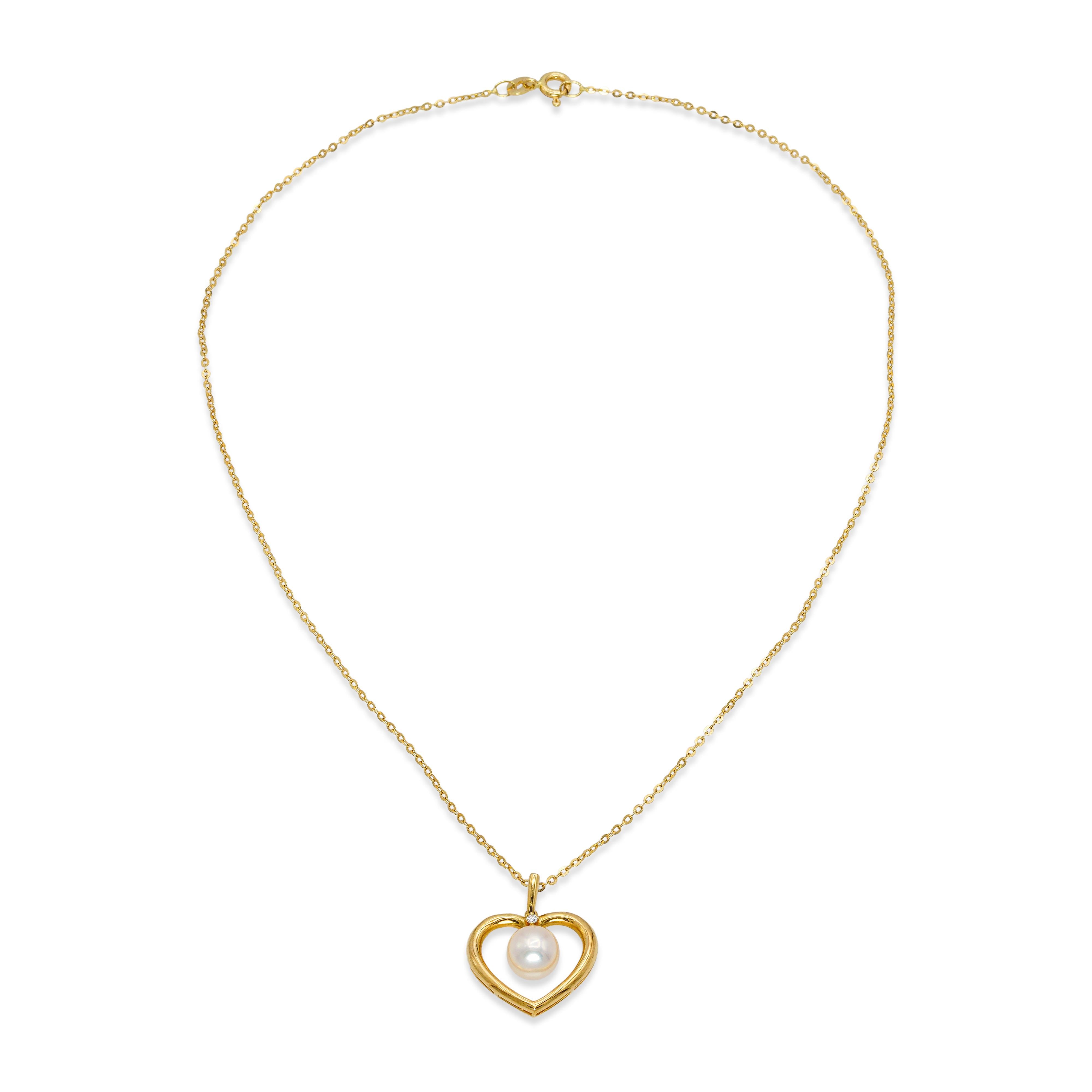 Mikimoto 18k Yellow Gold Cultured Pearl and Diamond Heart Necklace